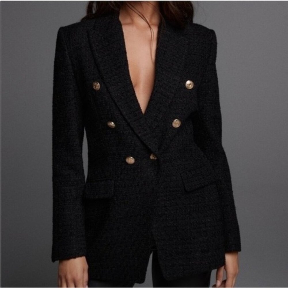 Zara Black Tweed Double-Breasted Blazer